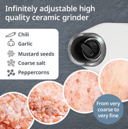 Ade s&auml;hk&ouml;inen suola- ja pippurimylly | automaatti | karkeudens&auml;&auml;t&ouml; | | valkoinen