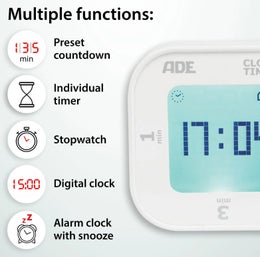 ADE ajastin | valaistu LCD-n&auml;ytt&ouml; | kello | &auml;&auml;ni- ja/tai v&auml;rin&auml;h&auml;lytys