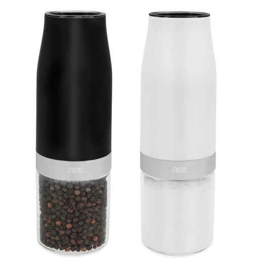 Ade s&auml;hk&ouml;inen suola- ja pippurimylly setti | automaatti | karkeudens&auml;&auml;t&ouml; | musta/valkoinen